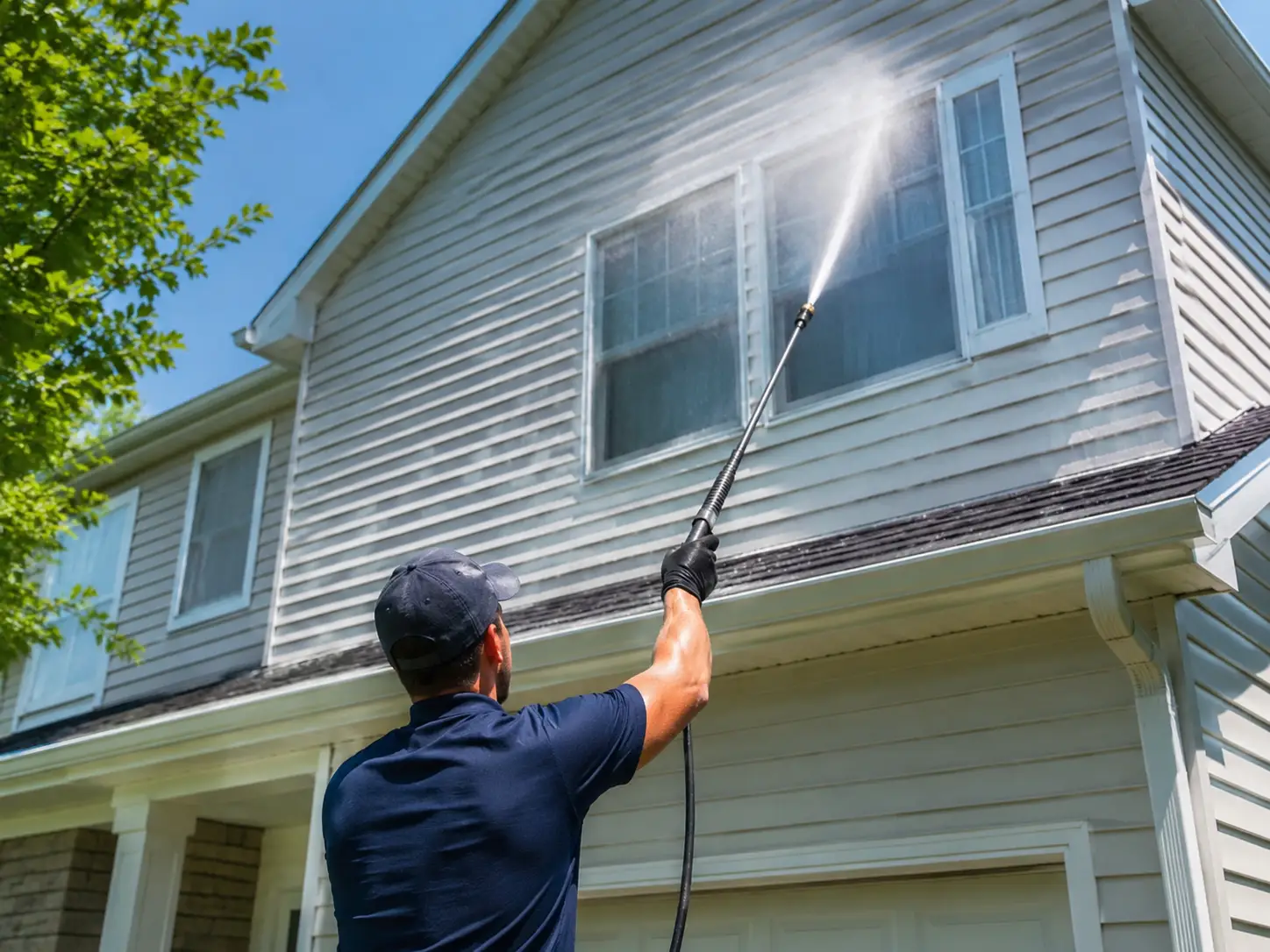 Naples Property Wash worker pressure washing a house